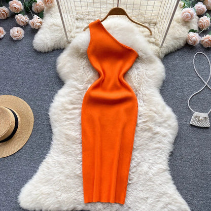 TAMBREET YuooMuoo Ins Fashion Sexy One Shoulder Knitted Bodycon Dress Lady Elastic Outfits Package Hips White Mini Dress Party Vestidos