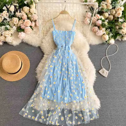 TAMBREET YuooMuoo Korean Fashion Daisy Flower Print Mesh Party Dress Summer Two Layers Spaghetti Strap Vacation Midi Dress Beach Vestidos