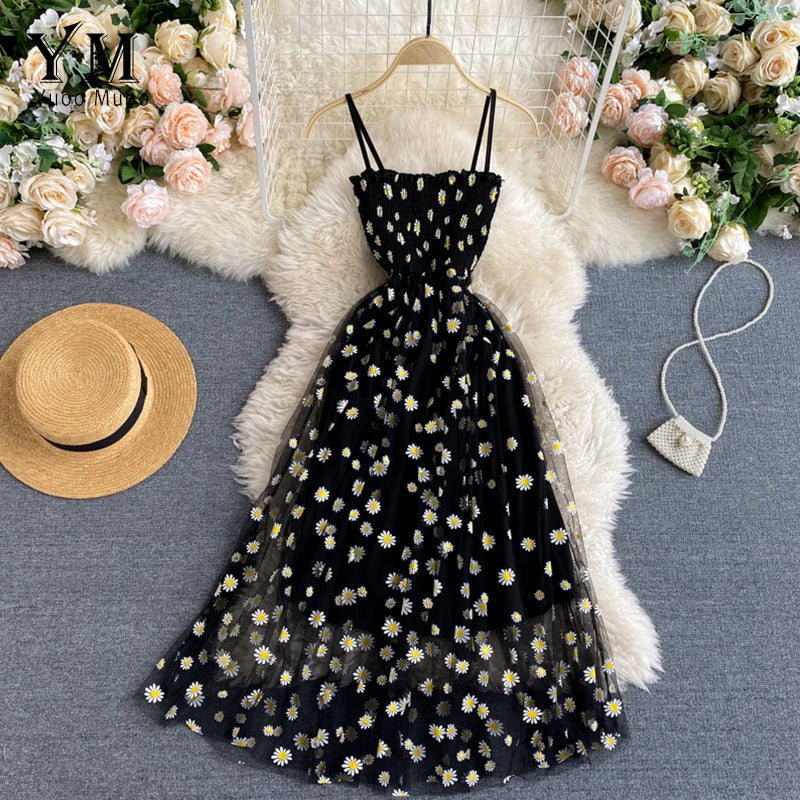 TAMBREET YuooMuoo Korean Fashion Daisy Flower Print Mesh Party Dress Summer Two Layers Spaghetti Strap Vacation Midi Dress Beach Vestidos