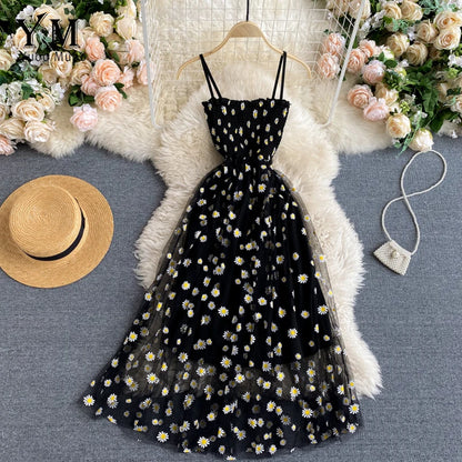 TAMBREET YuooMuoo Korean Fashion Daisy Flower Print Mesh Party Dress Summer Two Layers Spaghetti Strap Vacation Midi Dress Beach Vestidos