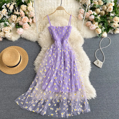 TAMBREET YuooMuoo Korean Fashion Daisy Flower Print Mesh Party Dress Summer Two Layers Spaghetti Strap Vacation Midi Dress Beach Vestidos