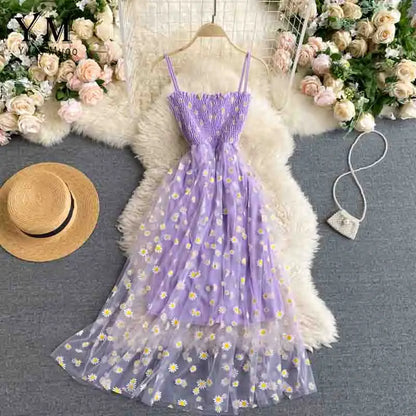 TAMBREET YuooMuoo Korean Fashion Daisy Flower Print Mesh Party Dress Summer Two Layers Spaghetti Strap Vacation Midi Dress Beach Vestidos