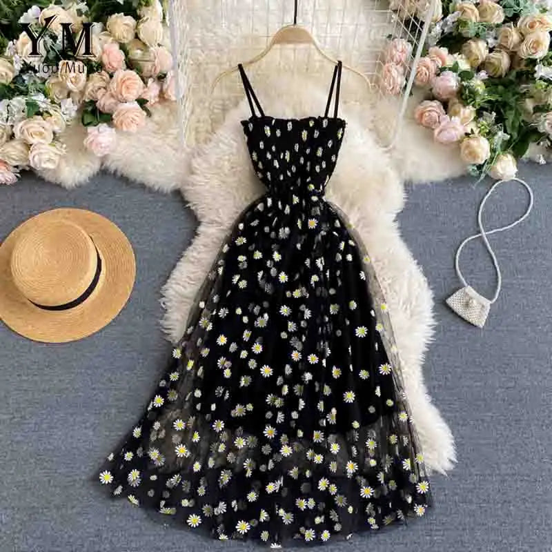 TAMBREET YuooMuoo Korean Fashion Daisy Flower Print Mesh Party Dress Summer Two Layers Spaghetti Strap Vacation Midi Dress Beach Vestidos