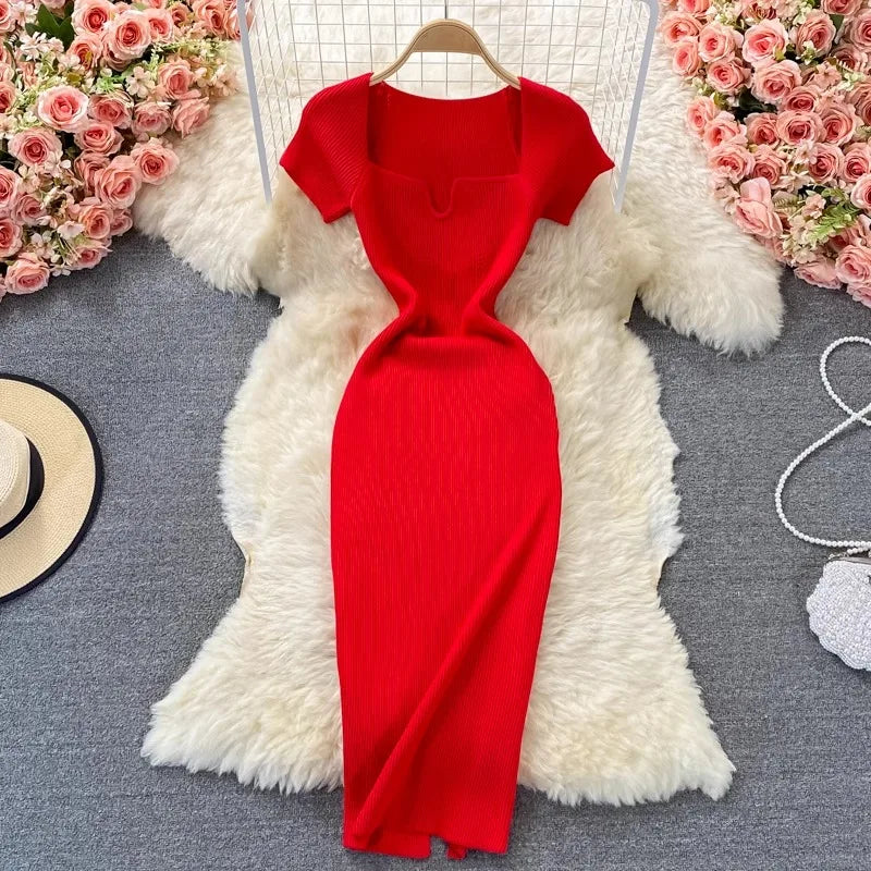 TAMBREET YuooMuoo Spring Summer 2024 Women Dress Elegant Square Collar White Black Knitted Bodycon Dress Korean Office Lady Vestidos