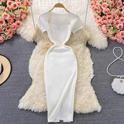 TAMBREET YuooMuoo Spring Summer 2024 Women Dress Elegant Square Collar White Black Knitted Bodycon Dress Korean Office Lady Vestidos