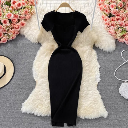 TAMBREET YuooMuoo Spring Summer 2024 Women Dress Elegant Square Collar White Black Knitted Bodycon Dress Korean Office Lady Vestidos