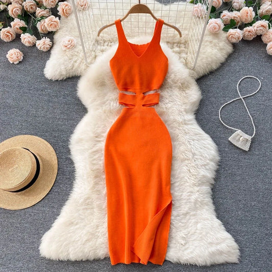 TAMBREET YuooMuoo Women Dress Sexy Cut Out Waist Package Hips Split Bodycon Dress Summer Fashion Lady Knitted Party Vestidos Sundress