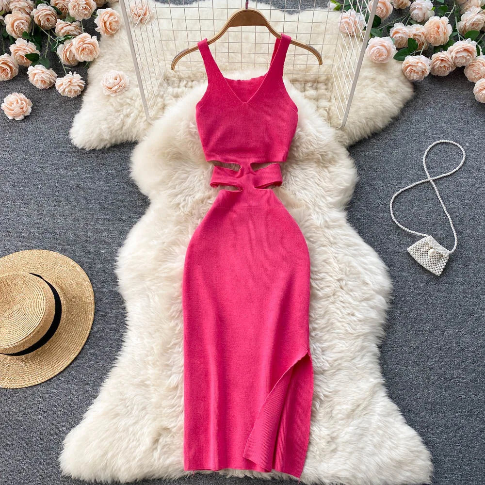 TAMBREET YuooMuoo Women Dress Sexy Cut Out Waist Package Hips Split Bodycon Dress Summer Fashion Lady Knitted Party Vestidos Sundress