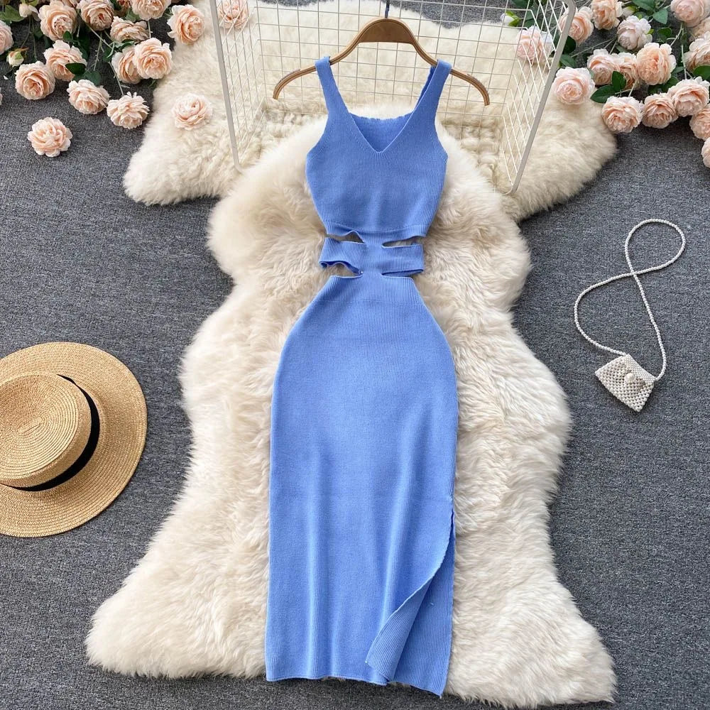 TAMBREET YuooMuoo Women Dress Sexy Cut Out Waist Package Hips Split Bodycon Dress Summer Fashion Lady Knitted Party Vestidos Sundress