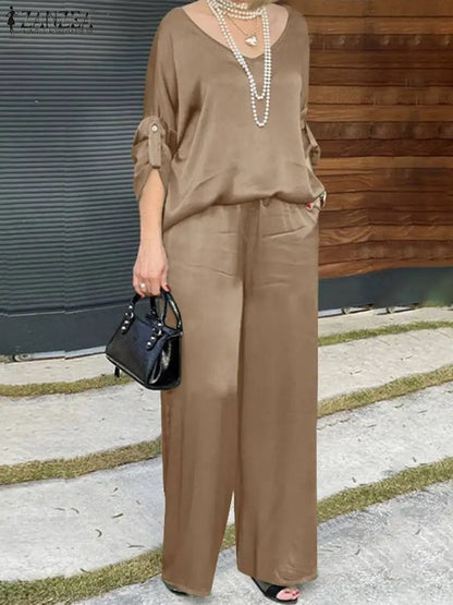 TAMBREET ZANZEA 2024 Autumn Tracksuits Fashion OL Work Suit Spring Women Matching Sets Long Sleeve Blouse Casual Loose Wide Leg Pant Sets