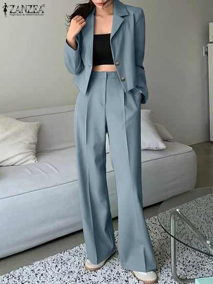 TAMBREET ZANZEA Elegant Blazer Suits Solid Fashion Matching Sets Long Sleeve Tops Wide Leg Pants Vintage Casual Tracksuit Work Suit 2024