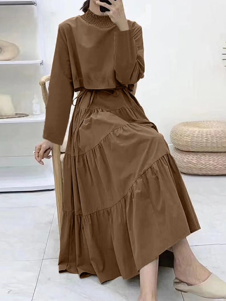 TAMBREET ZANZEA Elegant High Collar Ruffled Dress Casual Solid Color Robes Women 2024 Autumn Maxi Vestidos Party Holiday Cake Dresses