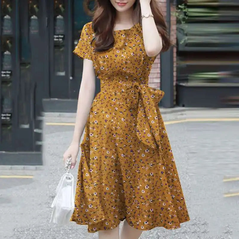 TAMBREET ZANZEA Elegant Short Sleeve Floral Dress Summer Women Sundress O Neck Holiday Vestidos Casual Work Party Knee Length Robe Femme