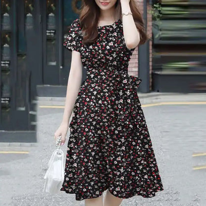 TAMBREET ZANZEA Elegant Short Sleeve Floral Dress Summer Women Sundress O Neck Holiday Vestidos Casual Work Party Knee Length Robe Femme