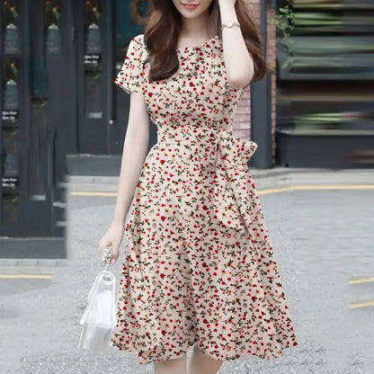 TAMBREET ZANZEA Elegant Short Sleeve Floral Dress Summer Women Sundress O Neck Holiday Vestidos Casual Work Party Knee Length Robe Femme