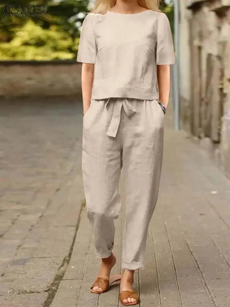 TAMBREET ZANZEA Summer Women Short Sleeve Blouse Harem Pants Sets 2PCS Solid Tracksuit Two Piece Sets Loose Outifit Casual Matching Sets