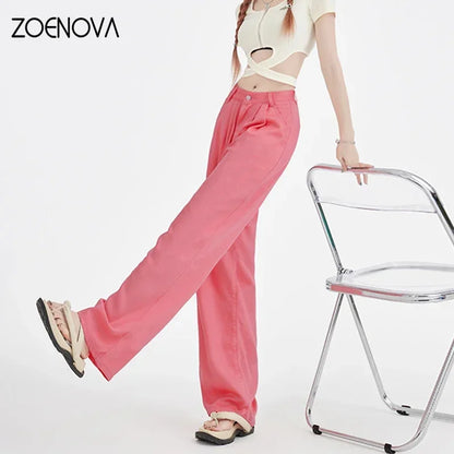 TAMBREET ZOENOVA Fashion Candy Color Loose Jeans 2024 New High Waist 100% Lyocell Tencel Wide Leg Jeans Casual Style High Street Style