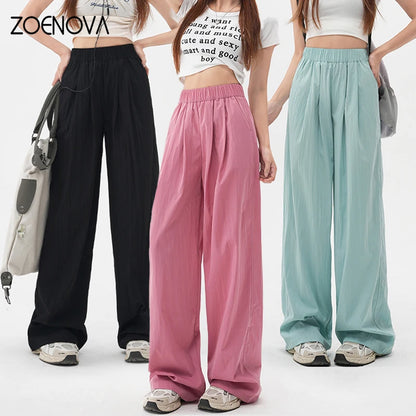 TAMBREET ZOENOVA Harajuku Street Fashion Women's Ice Silk Thin Casual Trousers 2024 Summer New Elastic High Waist Straight Wide Leg Pants