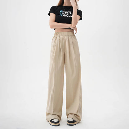 TAMBREET ZOENOVA Harajuku Street Fashion Women's Ice Silk Thin Casual Trousers 2024 Summer New Elastic High Waist Straight Wide Leg Pants