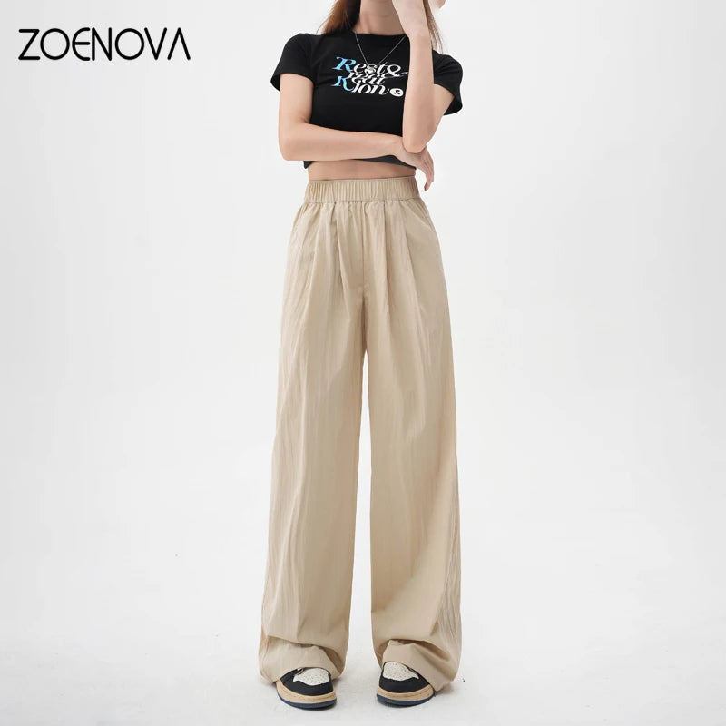 TAMBREET ZOENOVA Harajuku Street Fashion Women's Ice Silk Thin Casual Trousers 2024 Summer New Elastic High Waist Straight Wide Leg Pants