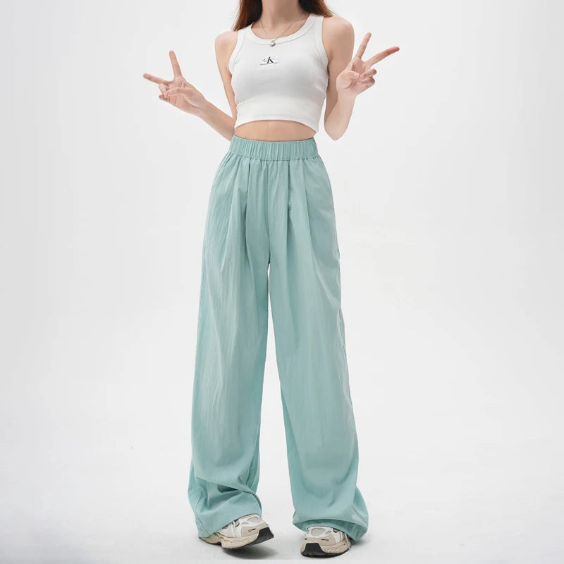 TAMBREET ZOENOVA Harajuku Street Fashion Women's Ice Silk Thin Casual Trousers 2024 Summer New Elastic High Waist Straight Wide Leg Pants