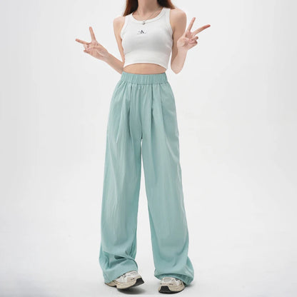 TAMBREET ZOENOVA Harajuku Street Fashion Women's Ice Silk Thin Casual Trousers 2024 Summer New Elastic High Waist Straight Wide Leg Pants