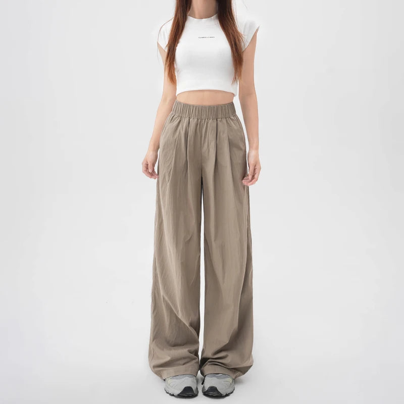 TAMBREET ZOENOVA Harajuku Street Fashion Women's Ice Silk Thin Casual Trousers 2024 Summer New Elastic High Waist Straight Wide Leg Pants