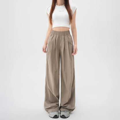 TAMBREET ZOENOVA Harajuku Street Fashion Women's Ice Silk Thin Casual Trousers 2024 Summer New Elastic High Waist Straight Wide Leg Pants