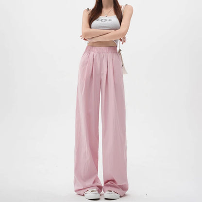 TAMBREET ZOENOVA Harajuku Street Fashion Women's Ice Silk Thin Casual Trousers 2024 Summer New Elastic High Waist Straight Wide Leg Pants