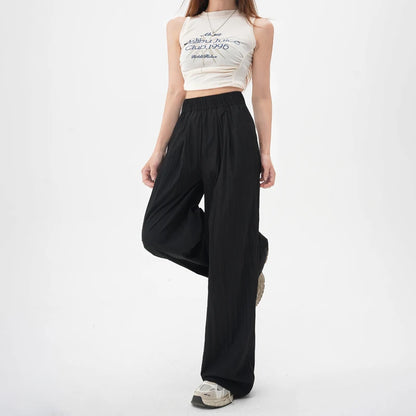 TAMBREET ZOENOVA Harajuku Street Fashion Women's Ice Silk Thin Casual Trousers 2024 Summer New Elastic High Waist Straight Wide Leg Pants