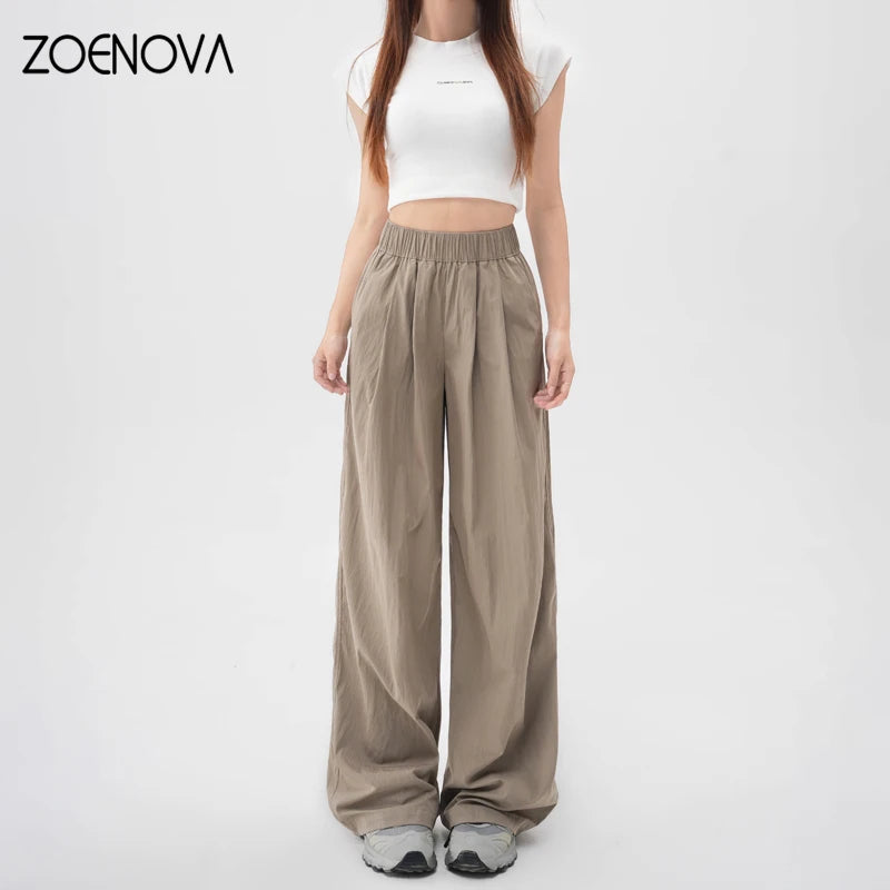 TAMBREET ZOENOVA Harajuku Street Fashion Women's Ice Silk Thin Casual Trousers 2024 Summer New Elastic High Waist Straight Wide Leg Pants