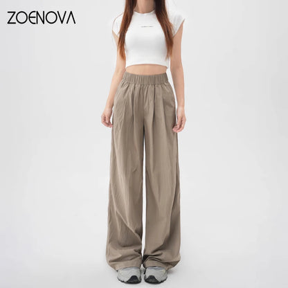 TAMBREET ZOENOVA Harajuku Street Fashion Women's Ice Silk Thin Casual Trousers 2024 Summer New Elastic High Waist Straight Wide Leg Pants