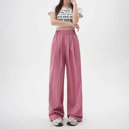 TAMBREET ZOENOVA Harajuku Street Fashion Women's Ice Silk Thin Casual Trousers 2024 Summer New Elastic High Waist Straight Wide Leg Pants