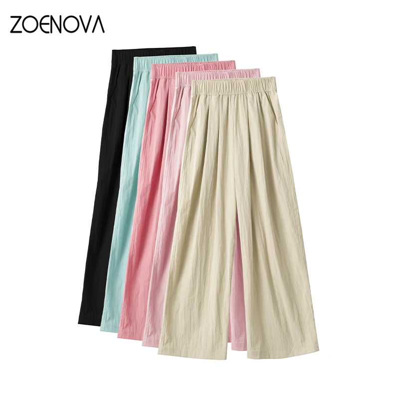 TAMBREET ZOENOVA Harajuku Street Fashion Women's Ice Silk Thin Casual Trousers 2024 Summer New Elastic High Waist Straight Wide Leg Pants