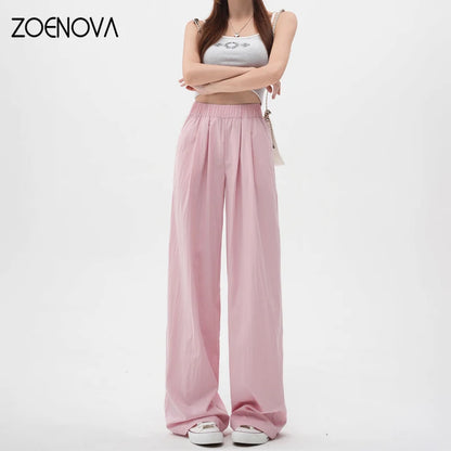 TAMBREET ZOENOVA Harajuku Street Fashion Women's Ice Silk Thin Casual Trousers 2024 Summer New Elastic High Waist Straight Wide Leg Pants