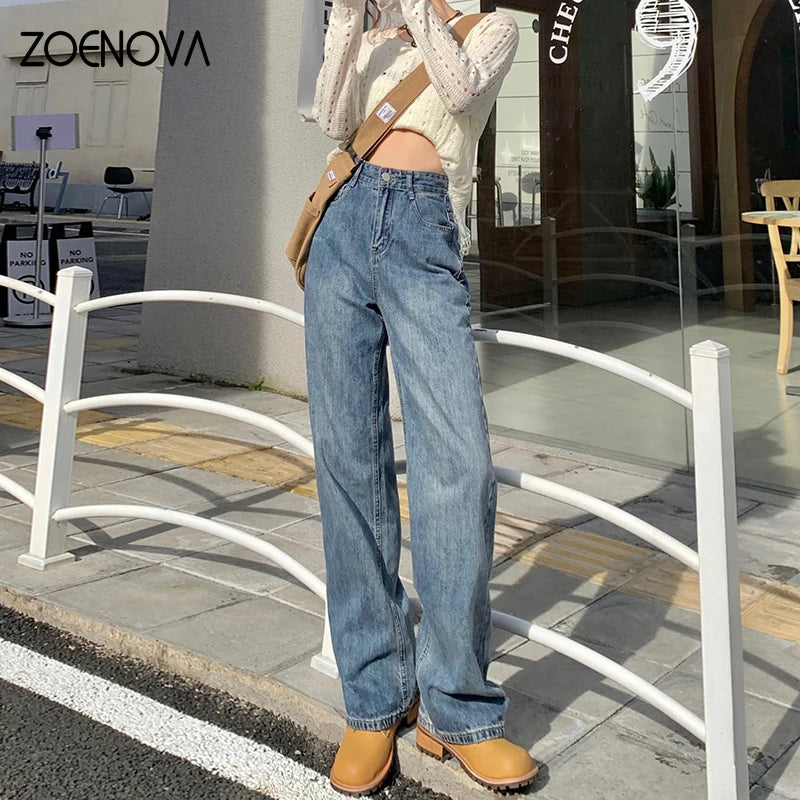 TAMBREET ZOENOVA Harajuku Streetwear Retro Fashion Women High Waist Jeans Loose Wide Leg Straight Loose Denim Trousers Y2K Baggy Pants