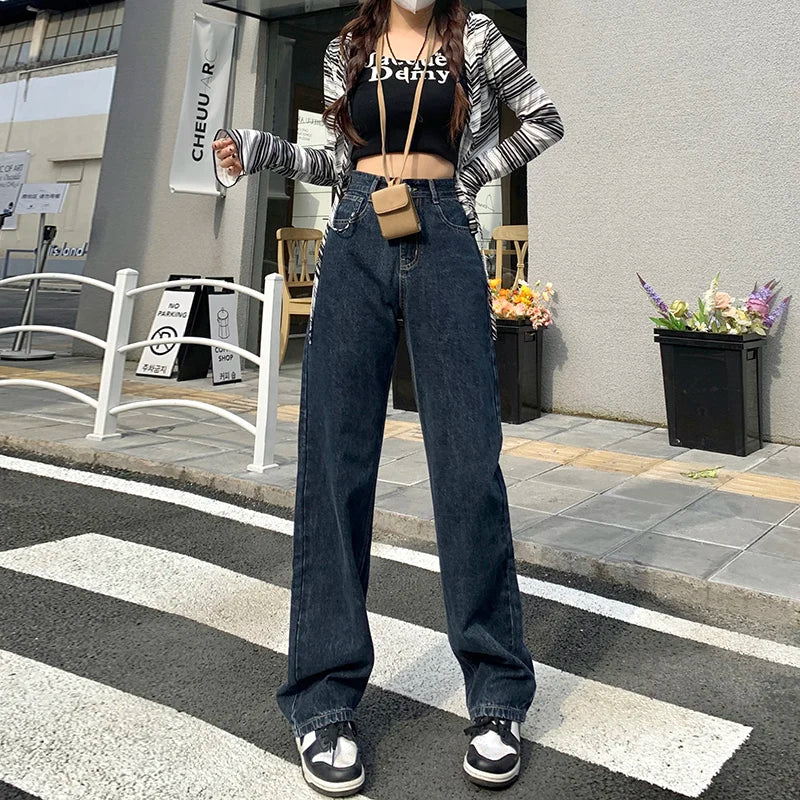 TAMBREET ZOENOVA Harajuku Streetwear Retro Fashion Women High Waist Jeans Loose Wide Leg Straight Loose Denim Trousers Y2K Baggy Pants