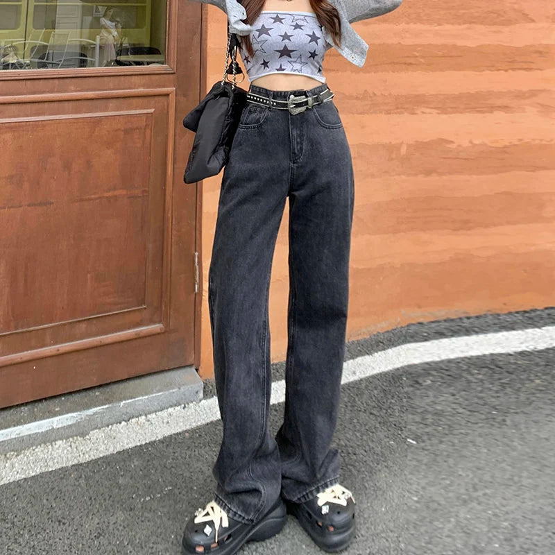 TAMBREET ZOENOVA Harajuku Streetwear Retro Fashion Women High Waist Jeans Loose Wide Leg Straight Loose Denim Trousers Y2K Baggy Pants