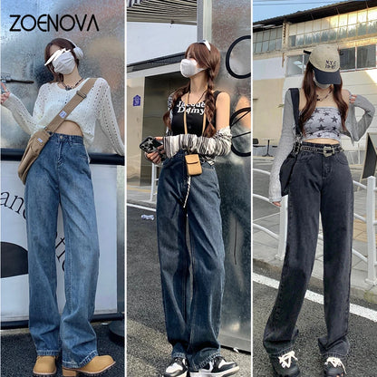 TAMBREET ZOENOVA Harajuku Streetwear Retro Fashion Women High Waist Jeans Loose Wide Leg Straight Loose Denim Trousers Y2K Baggy Pants