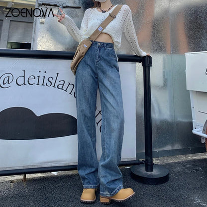 TAMBREET ZOENOVA Harajuku Streetwear Retro Fashion Women High Waist Jeans Loose Wide Leg Straight Loose Denim Trousers Y2K Baggy Pants