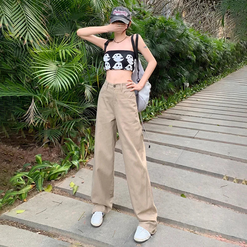 TAMBREET ZOENOVA Harajuku Streetwear Retro Fashion Women High Waist Jeans Loose Wide Leg Straight Loose Denim Trousers Y2K Baggy Pants