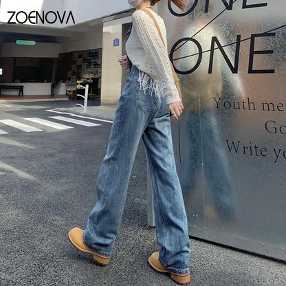 TAMBREET ZOENOVA Harajuku Streetwear Retro Fashion Women High Waist Jeans Loose Wide Leg Straight Loose Denim Trousers Y2K Baggy Pants