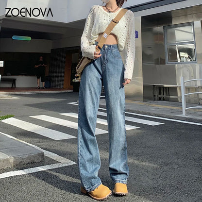 TAMBREET ZOENOVA Harajuku Streetwear Retro Fashion Women High Waist Jeans Loose Wide Leg Straight Loose Denim Trousers Y2K Baggy Pants