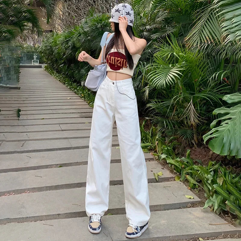 TAMBREET ZOENOVA Harajuku Streetwear Retro Fashion Women High Waist Jeans Loose Wide Leg Straight Loose Denim Trousers Y2K Baggy Pants