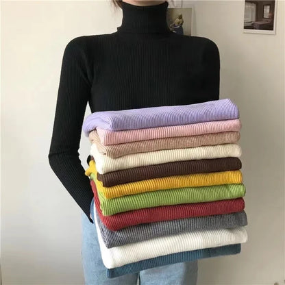 TAMBREET ZOKI Simple Women Turtleneck Sweater Winter Fashion Pullover Elastic Knit Ladies Jumper Casual Solid Black Female Basic Tops