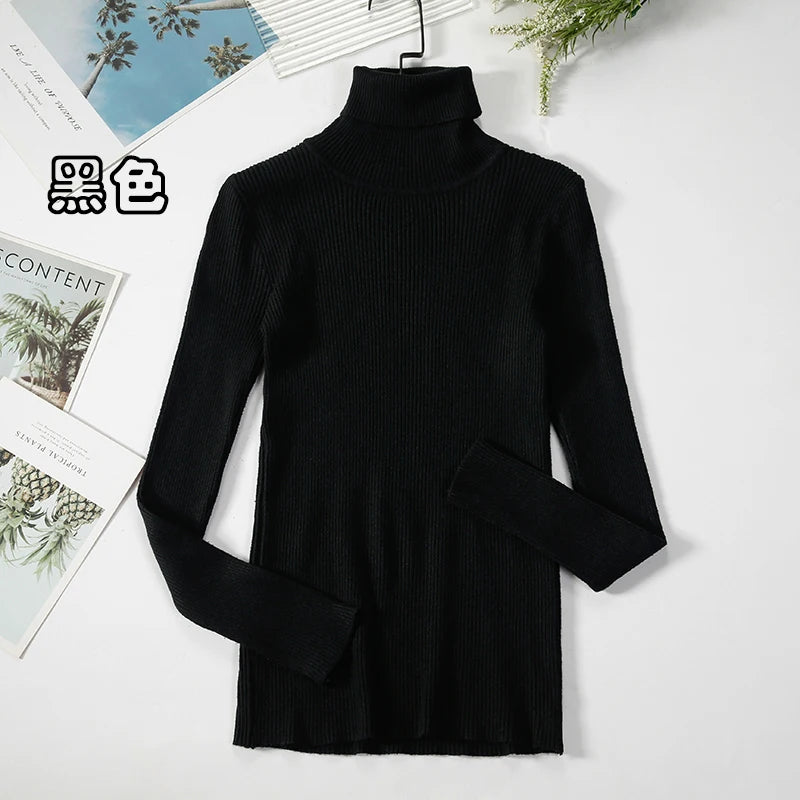 TAMBREET ZOKI Simple Women Turtleneck Sweater Winter Fashion Pullover Elastic Knit Ladies Jumper Casual Solid Black Female Basic Tops