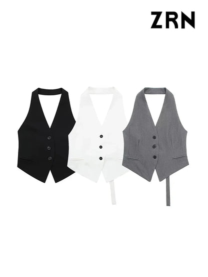 TAMBREET ZRN Women Fashion Backless Halter Neck Waistcoat Sexy Sleeveless Button-up Female Outerwear Chic Vest Tops