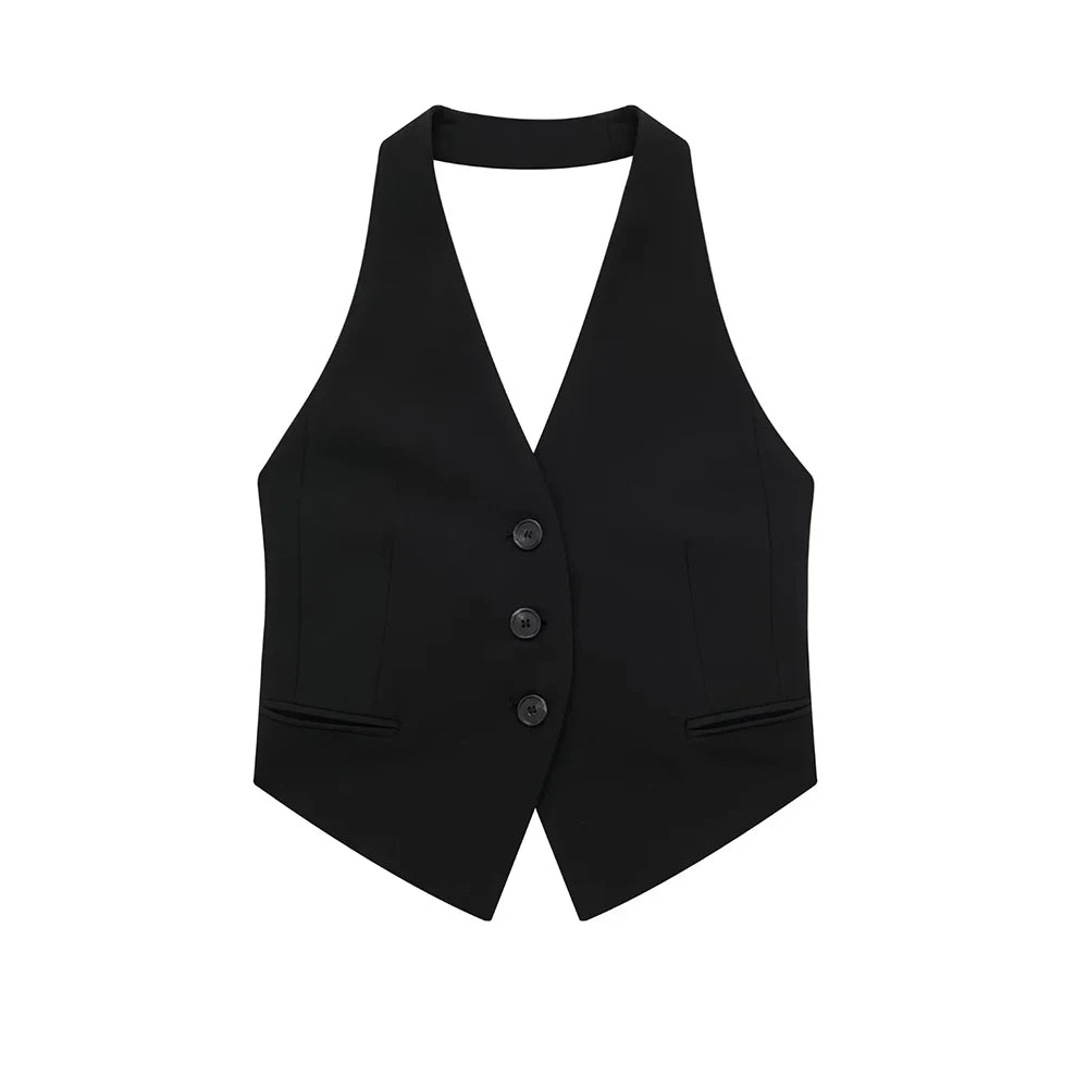 TAMBREET ZRN Women Fashion Backless Halter Neck Waistcoat Sexy Sleeveless Button-up Female Outerwear Chic Vest Tops