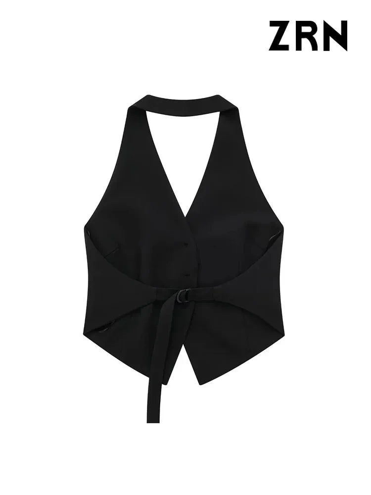 TAMBREET ZRN Women Fashion Backless Halter Neck Waistcoat Sexy Sleeveless Button-up Female Outerwear Chic Vest Tops