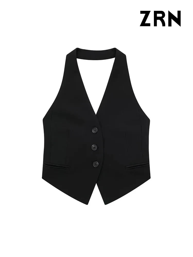 TAMBREET ZRN Women Fashion Backless Halter Neck Waistcoat Sexy Sleeveless Button-up Female Outerwear Chic Vest Tops